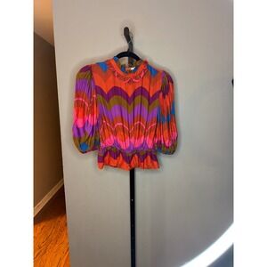 The Impeccable Pig Womens M Retro Chevron Puff Sleeve Smocked Peplum Blouse Top